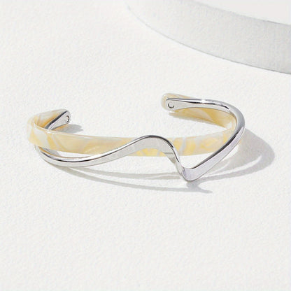 18K Gold Plated Wave Shape Cuff Bangle Inlaid Faux Pearl, Women's Minimalist Style Jewelry