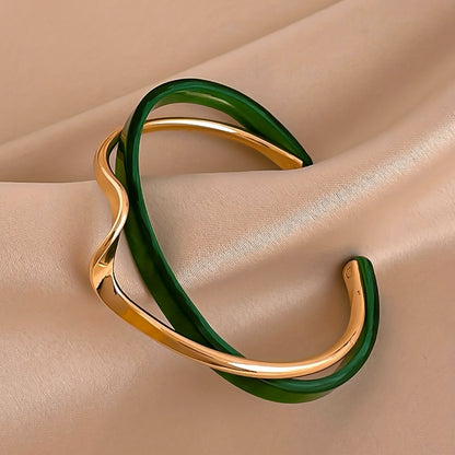 18K Gold Plated Wave Shape Cuff Bangle Inlaid Faux Pearl, Women's Minimalist Style Jewelry
