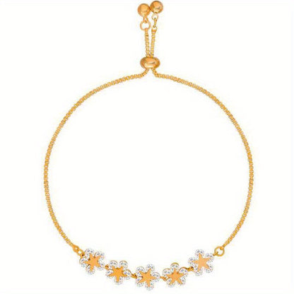 Adjustable Flower Beaded Chain Bracelet Inlaid Shiny Synthetic Zirconia Copper Hand Jewelry Decor for Women & s