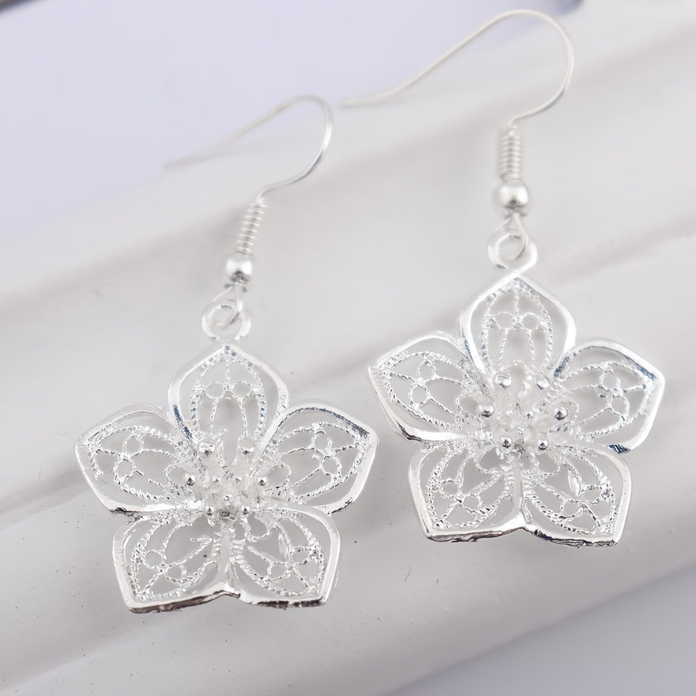 Boho Hollow Flower Shape Earrings Vintage Silver Plated Jewelry For Women