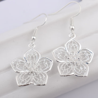 Boho Hollow Flower Shape Earrings Vintage Silver Plated Jewelry For Women