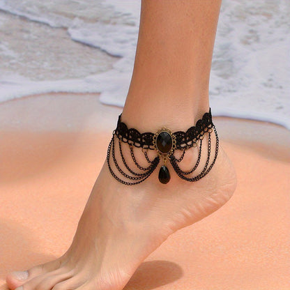 Elegant Multi-Layer Lace Anklet with Black Beads and Charms - Alloy, Perfect for Vacation & Casual Attire, Versatile Beach Foot Jewelry, Casual Wear Anklet|Sophisticated Style|Bead Embellishments