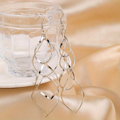 Pair of Golden/Silvery Hollow Twisted Dangle Earrings, Bohemian Elegant Iron Jewelry, Creative Female Gift with Unique Style