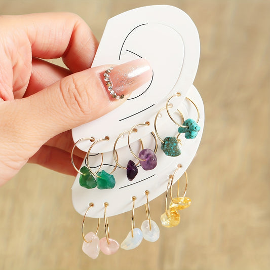 6 Pairs Natural Raw Stone Hoop Earrings Elegant Vocational Temperament Creative Exquisite Gift For Women Personality Jewelry
