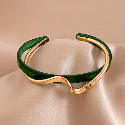 18K Gold Plated Wave Shape Cuff Bangle Inlaid Faux Pearl, Women's Minimalist Style Jewelry