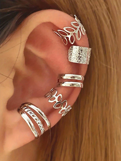 Five Pcs Set Golden Silvery Black Ear Bone Clip Vintage Boho Style Cuff Earring Non Piercing Daily Small Simple Elegant Jewelry For Women