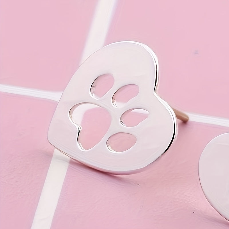 Heart Shape Hollow Animal Footprint Pattern Stud Earrings Cute Elegant Style Stainless Steel Jewelry Exquisite Gift For Lovers