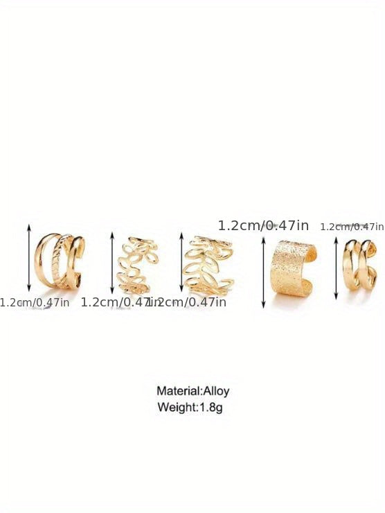 Five Pcs Set Golden Silvery Black Ear Bone Clip Vintage Boho Style Cuff Earring Non Piercing Daily Small Simple Elegant Jewelry For Women