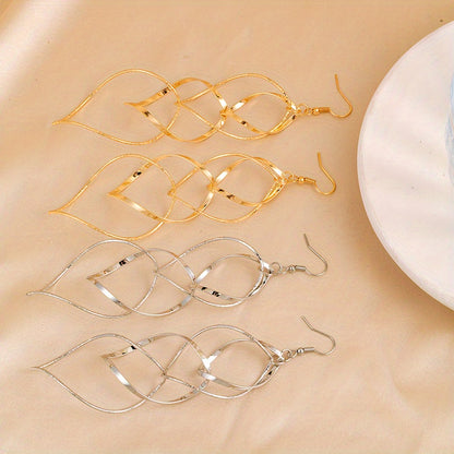 Pair of Golden/Silvery Hollow Twisted Dangle Earrings, Bohemian Elegant Iron Jewelry, Creative Female Gift with Unique Style