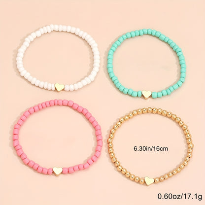 4pcs Mini Love Heart Beaded Bracelet Set Stackable Hand Chain Jewelry Decoration