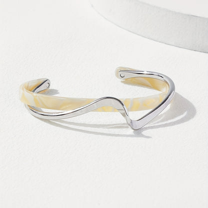 18K Gold Plated Wave Shape Cuff Bangle Inlaid Faux Pearl, Women's Minimalist Style Jewelry