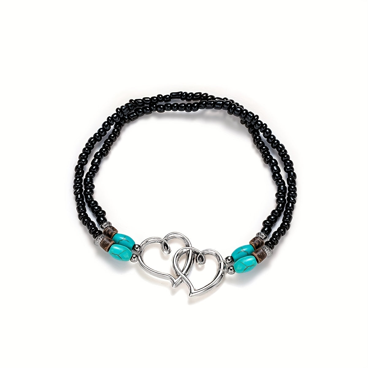 Boho-Chic Double Heart Turquoise & White Beaded Stretch Anklet for Women