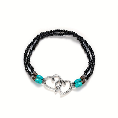 Boho-Chic Double Heart Turquoise & White Beaded Stretch Anklet for Women