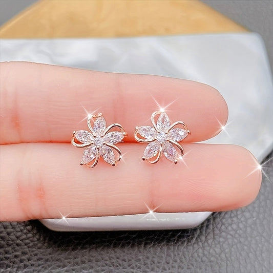 Exquisite Flower Design With Shiny zirconia Decor Stud Earrings Sexy Cute Style Copper 14K Gold Plated Jewelry Female Gift