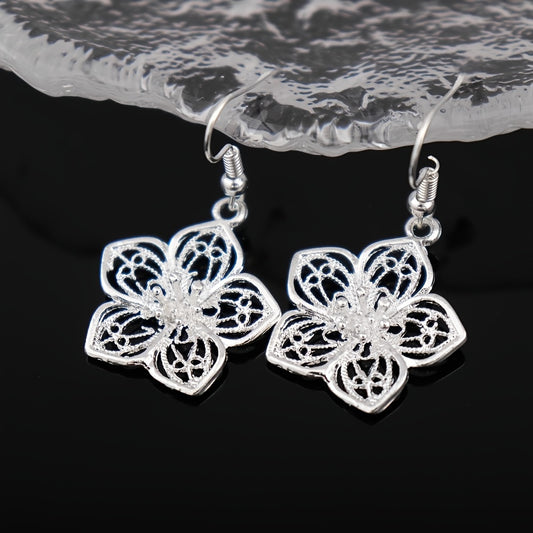 Boho Hollow Flower Shape Earrings Vintage Silver Plated Jewelry For Women