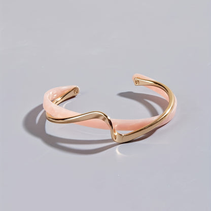 18K Gold Plated Wave Shape Cuff Bangle Inlaid Faux Pearl, Women's Minimalist Style Jewelry
