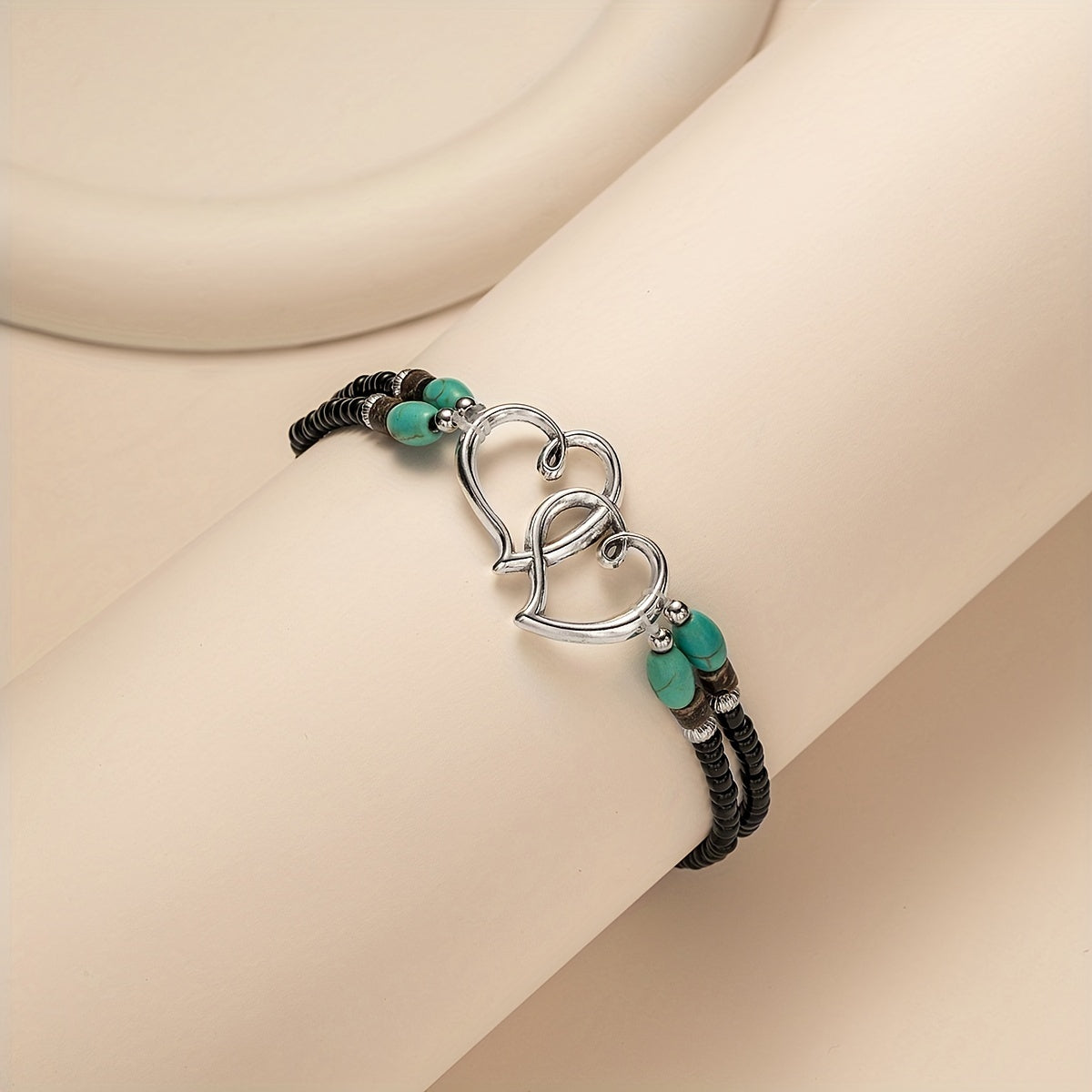 Boho-Chic Double Heart Turquoise & White Beaded Stretch Anklet for Women