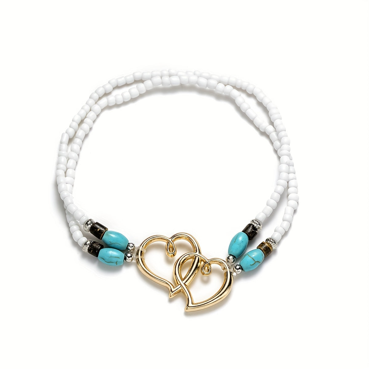 Boho-Chic Double Heart Turquoise & White Beaded Stretch Anklet for Women
