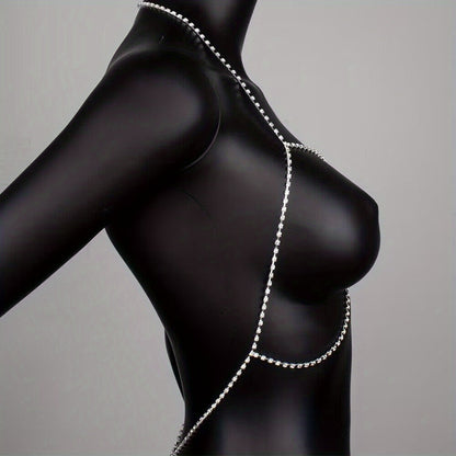 Sexy Rhinestone Body Chain Necklace for Women - Sparkling Silver Plated Alloy, Perfect for Beachwear, Nightclubs, and Parties, Beachwear Jewelry|Rhinestone Choker|Detailed Chain Design, Beach Jewelry