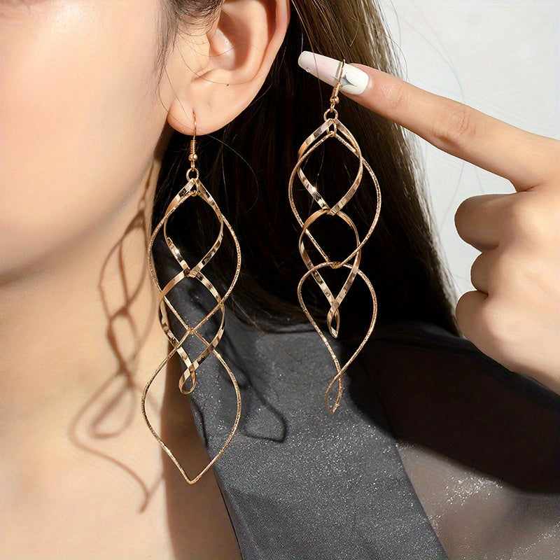 Pair of Golden/Silvery Hollow Twisted Dangle Earrings, Bohemian Elegant Iron Jewelry, Creative Female Gift with Unique Style
