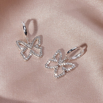 Hollow Butterfly With Shiny Rhinestone Decor Elegant Stud Earrings Minimalist Style Copper Silver Plated Jewelry Exquisite Female Gift