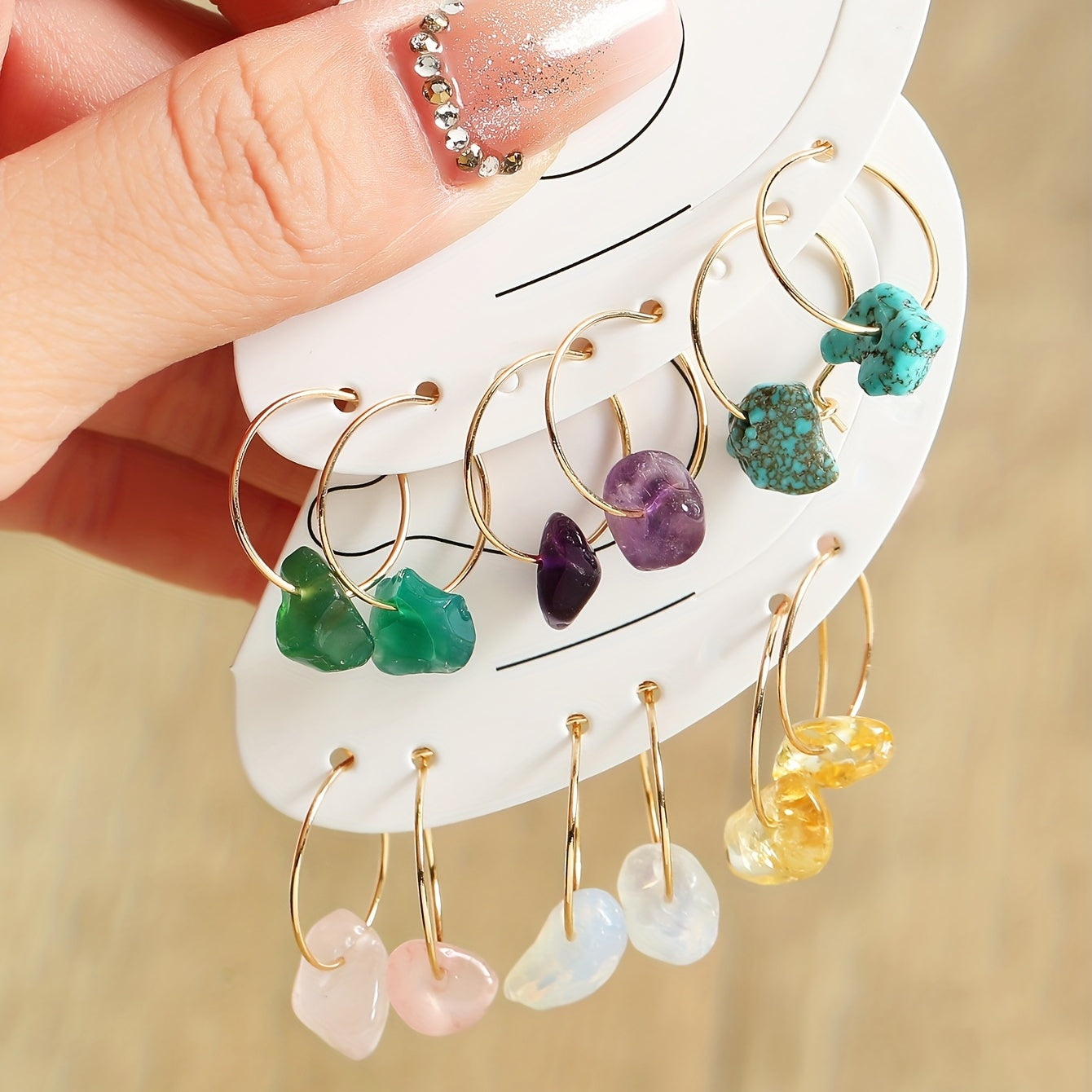 6 Pairs Natural Raw Stone Hoop Earrings Elegant Vocational Temperament Creative Exquisite Gift For Women Personality Jewelry