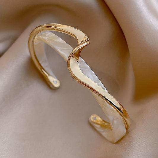 18K Gold Plated Wave Shape Cuff Bangle Inlaid Faux Pearl, Women's Minimalist Style Jewelry