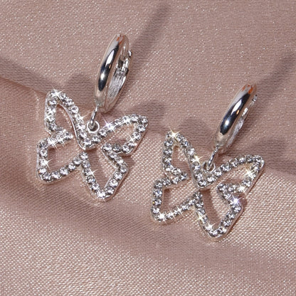 Hollow Butterfly With Shiny Rhinestone Decor Elegant Stud Earrings Minimalist Style Copper Silver Plated Jewelry Exquisite Female Gift