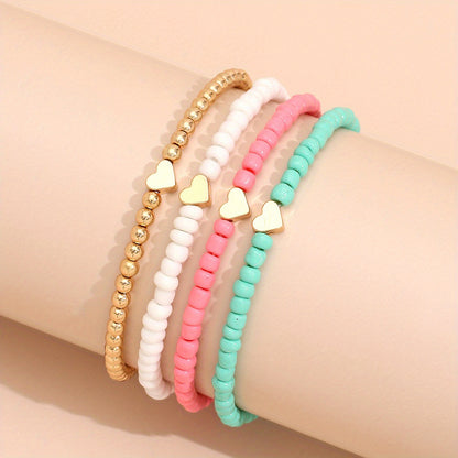 4pcs Mini Love Heart Beaded Bracelet Set Stackable Hand Chain Jewelry Decoration