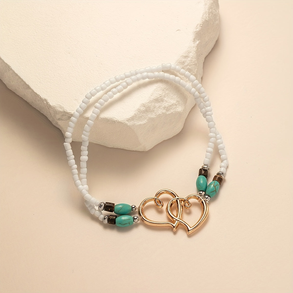 Boho-Chic Double Heart Turquoise & White Beaded Stretch Anklet for Women