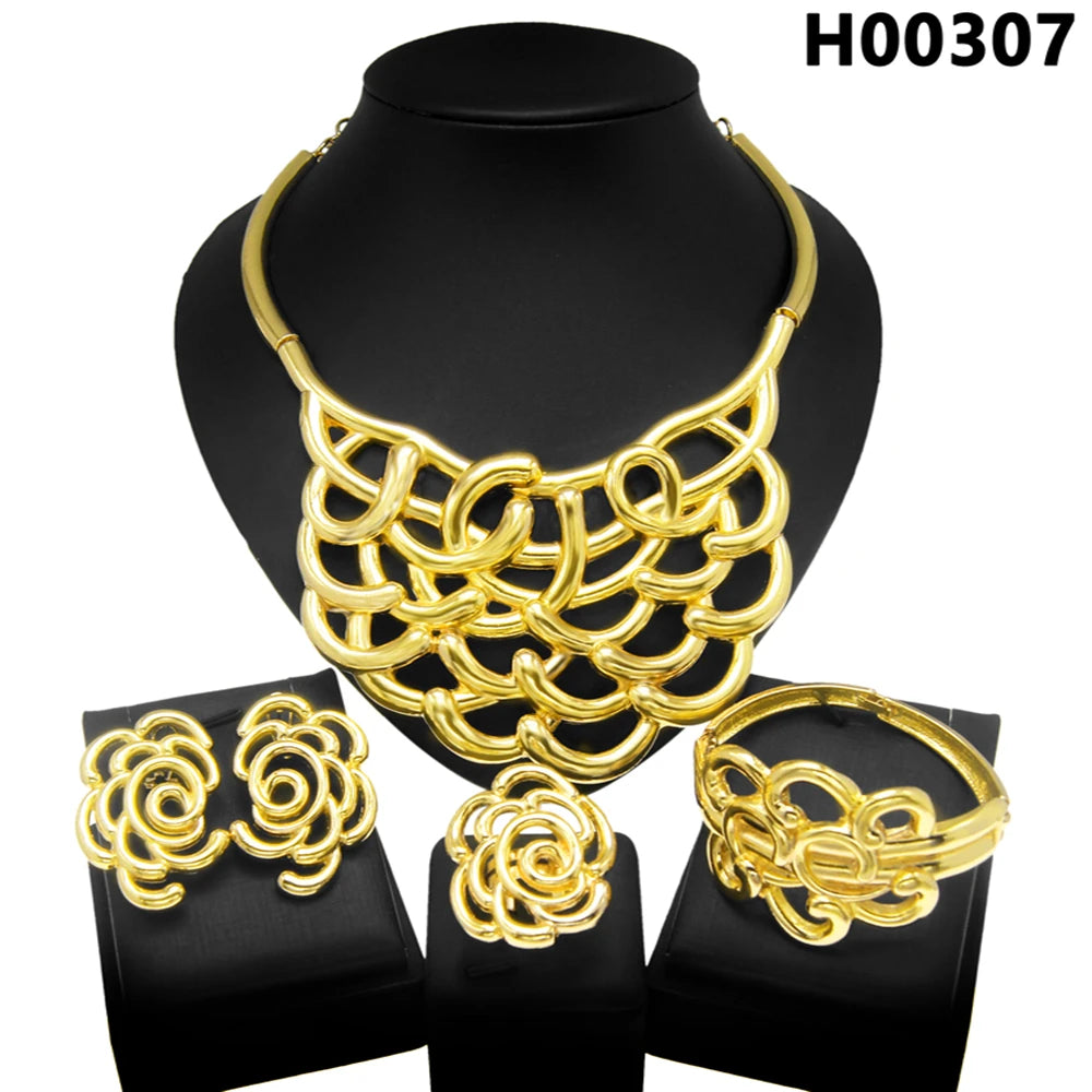 Necklace For Women Dubai Gold Plated Jewelry Set Luxury Jewelry Original  Ring BraceletWedding Banquet Costumes Nigeria Wedding