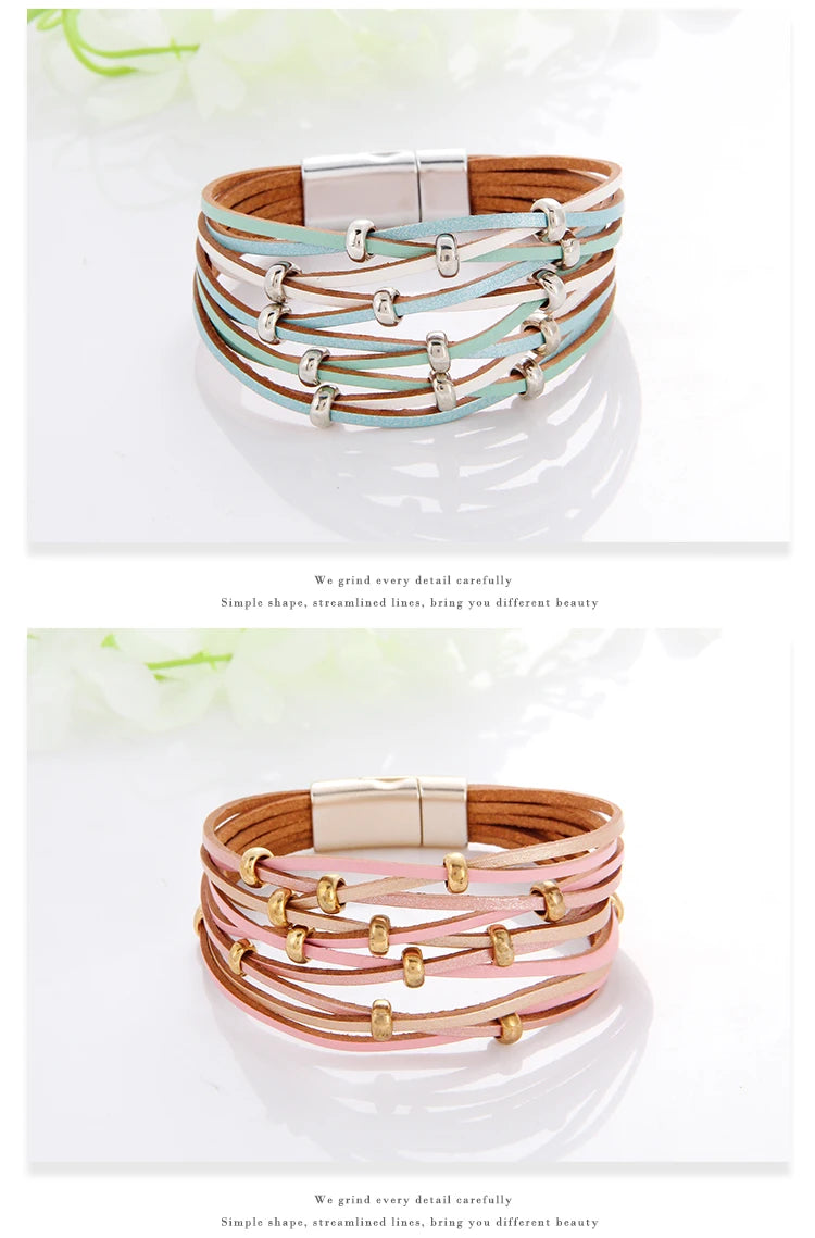 WYBU Multilayer Leather Bracelet For Women Magnet Clasp Charm Braided Wide Wrap Bracelets Bangles Female Bohemian Style Jewelry