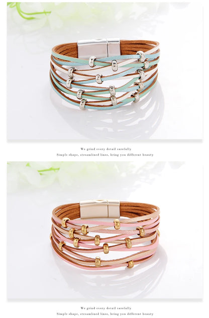WYBU Multilayer Leather Bracelet For Women Magnet Clasp Charm Braided Wide Wrap Bracelets Bangles Female Bohemian Style Jewelry