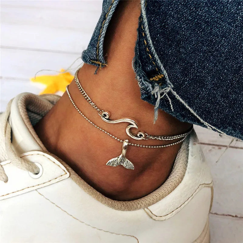 Trendy Cute Waves Fish tail Ankle Women Foot Anklet Bracet Summer Beach Barefoot Sandals Bracelet Ankle Set on the leg Female