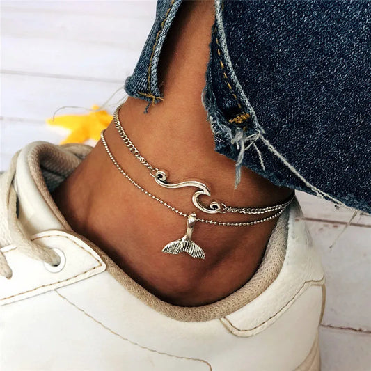 Trendy Cute Waves Fish tail Ankle Women Foot Anklet Bracet Summer Beach Barefoot Sandals Bracelet Ankle Set on the leg Female