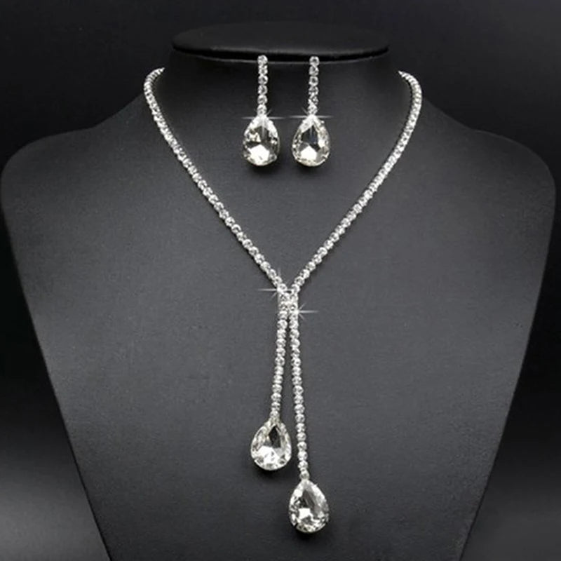 Fashion 1 set Wedding Bridal Jewelry Sets Simple Luxury Full Crystal Chain Water Drop Necklaces & Pendants Dangle Earrings Sets