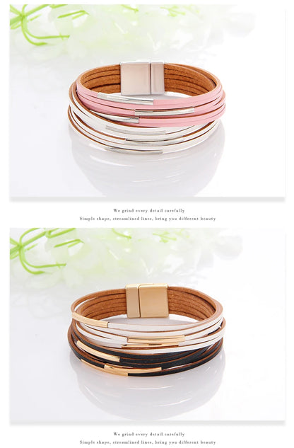 WYBU Multilayer Leather Bracelet For Women Magnet Clasp Charm Braided Wide Wrap Bracelets Bangles Female Bohemian Style Jewelry