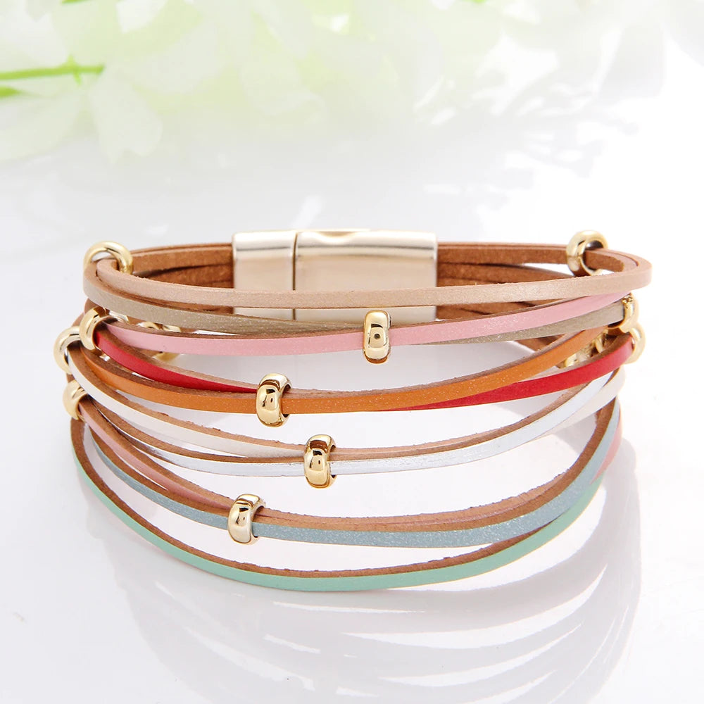 WYBU Multilayer Leather Bracelet For Women Magnet Clasp Charm Braided Wide Wrap Bracelets Bangles Female Bohemian Style Jewelry