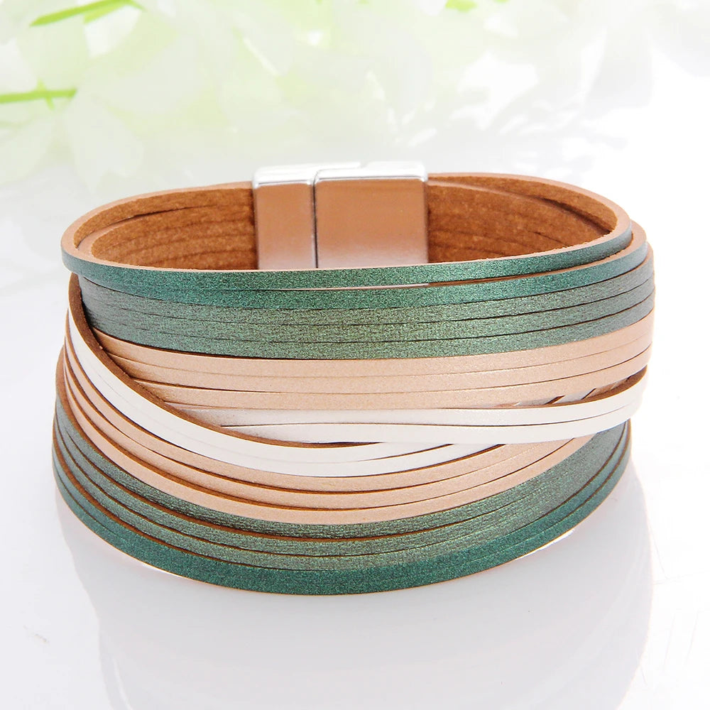 WYBU Multilayer Leather Bracelet For Women Magnet Clasp Charm Braided Wide Wrap Bracelets Bangles Female Bohemian Style Jewelry