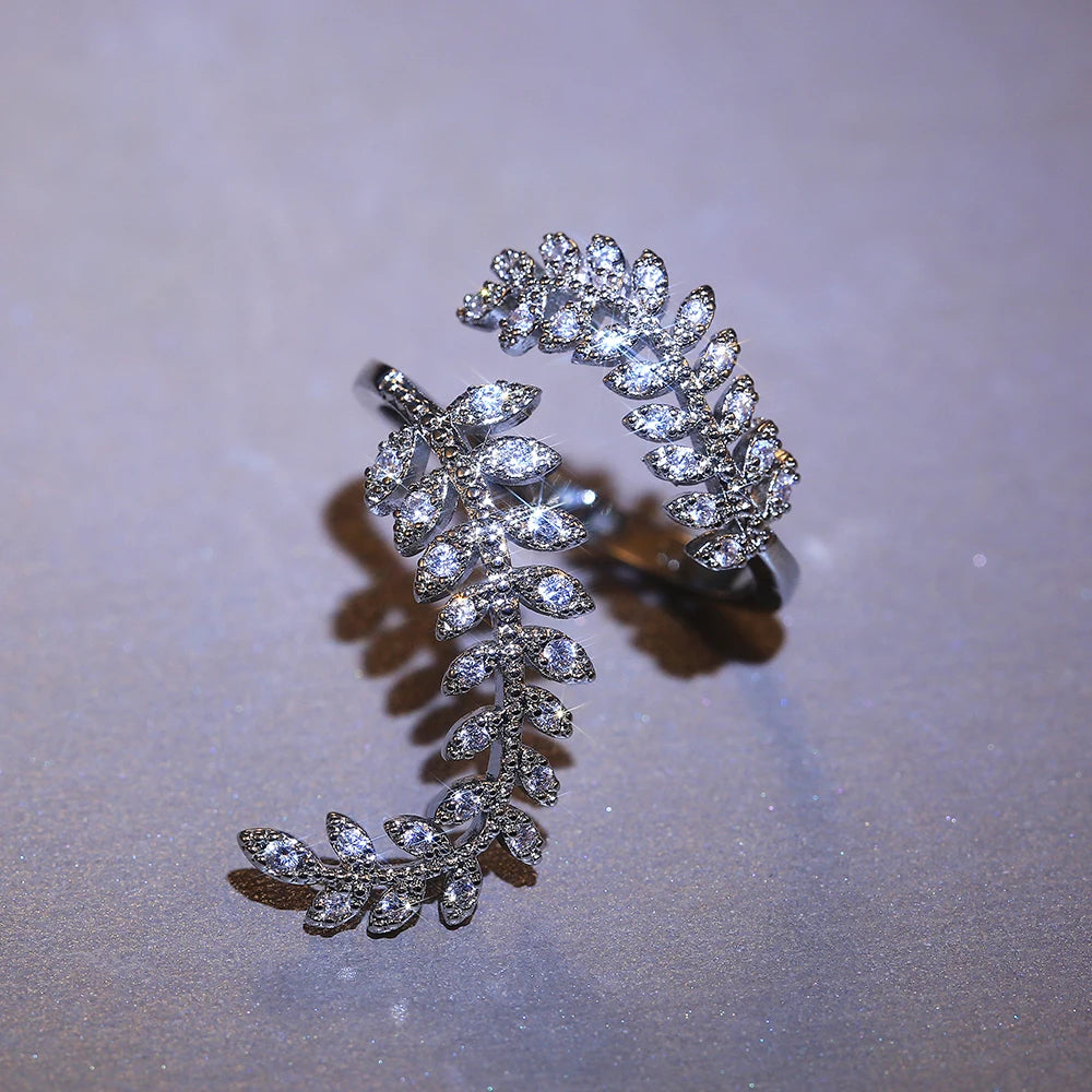 Huitan Graceful Leaves Both End of Open Ring Silver Color Girl Cocktail Party Rings Shine Crystal Zircon Fashion Women Jewelry