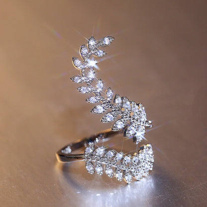 Huitan Graceful Leaves Both End of Open Ring Silver Color Girl Cocktail Party Rings Shine Crystal Zircon Fashion Women Jewelry