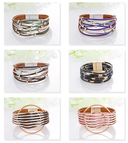 WYBU Multilayer Leather Bracelet For Women Magnet Clasp Charm Braided Wide Wrap Bracelets Bangles Female Bohemian Style Jewelry