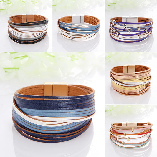 WYBU Multilayer Leather Bracelet For Women Magnet Clasp Charm Braided Wide Wrap Bracelets Bangles Female Bohemian Style Jewelry