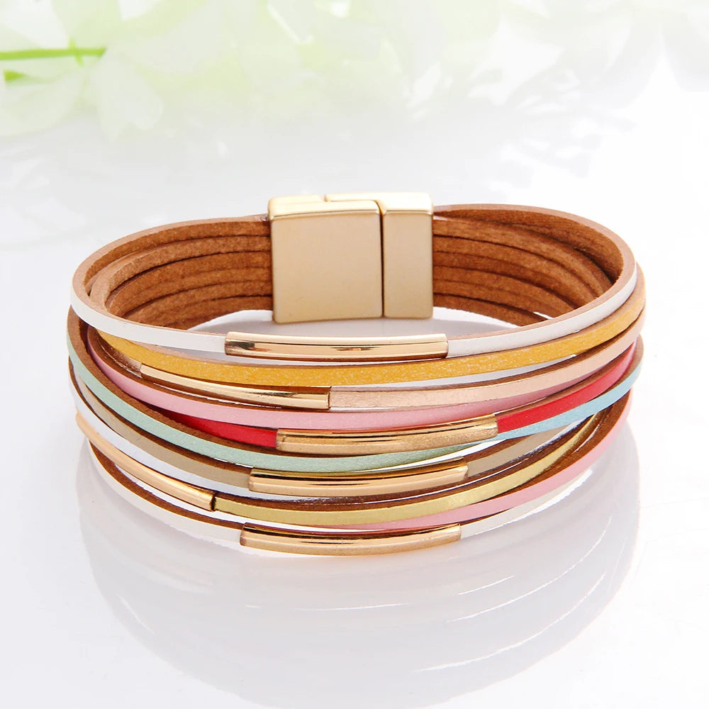 WYBU Multilayer Leather Bracelet For Women Magnet Clasp Charm Braided Wide Wrap Bracelets Bangles Female Bohemian Style Jewelry