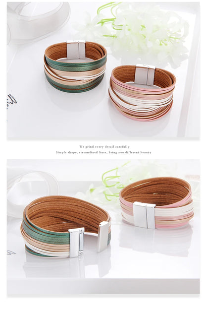 WYBU Multilayer Leather Bracelet For Women Magnet Clasp Charm Braided Wide Wrap Bracelets Bangles Female Bohemian Style Jewelry