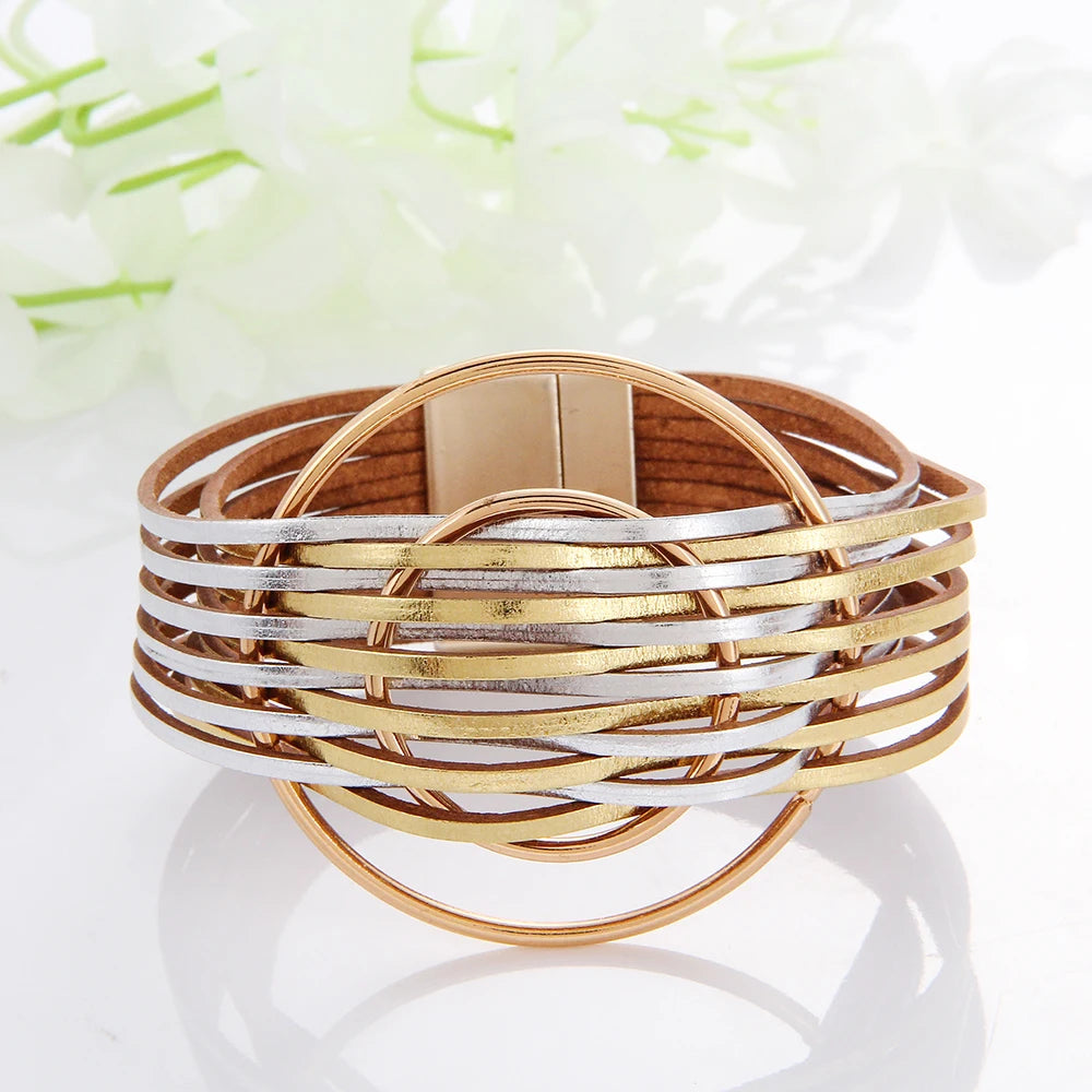 WYBU Multilayer Leather Bracelet For Women Magnet Clasp Charm Braided Wide Wrap Bracelets Bangles Female Bohemian Style Jewelry