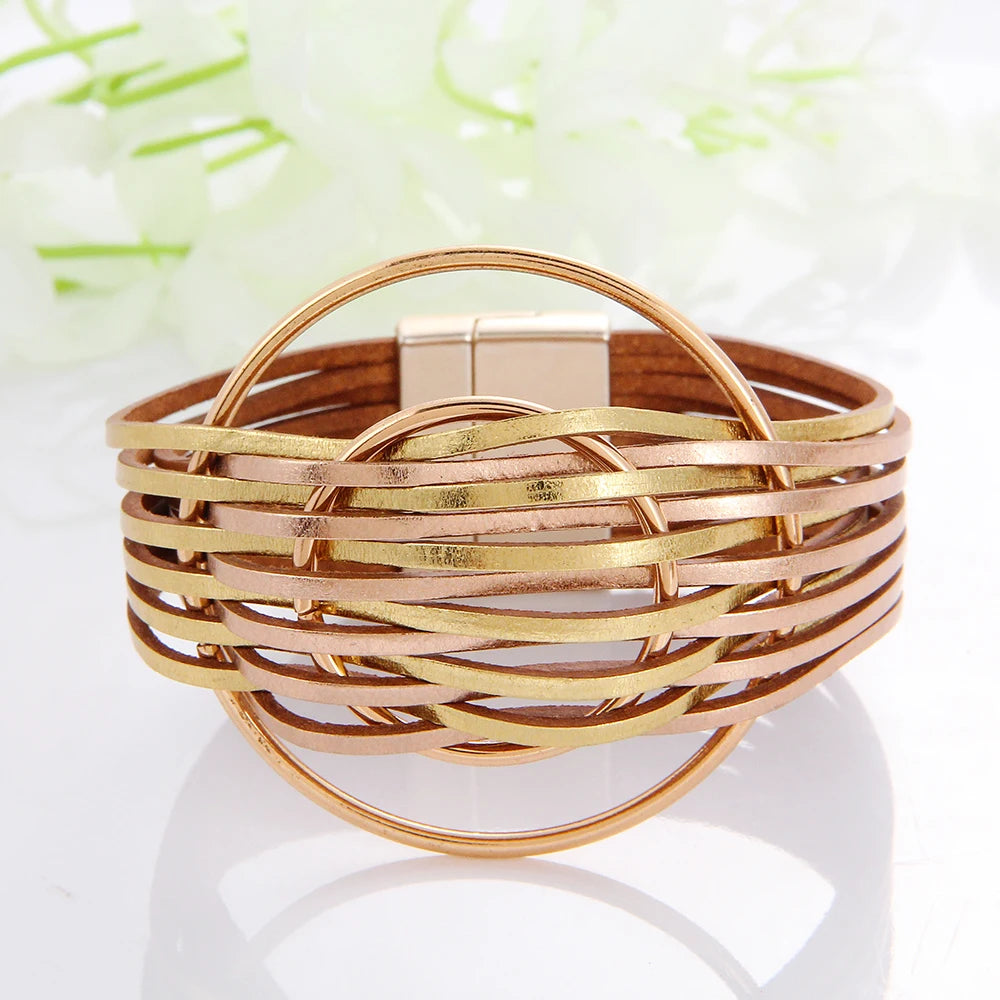 WYBU Multilayer Leather Bracelet For Women Magnet Clasp Charm Braided Wide Wrap Bracelets Bangles Female Bohemian Style Jewelry