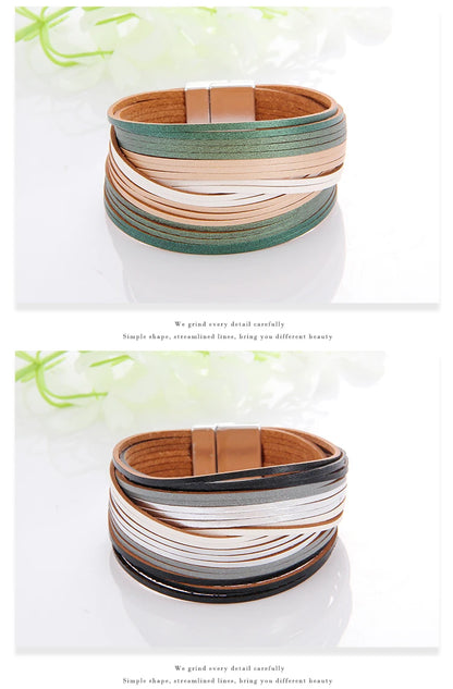 WYBU Multilayer Leather Bracelet For Women Magnet Clasp Charm Braided Wide Wrap Bracelets Bangles Female Bohemian Style Jewelry