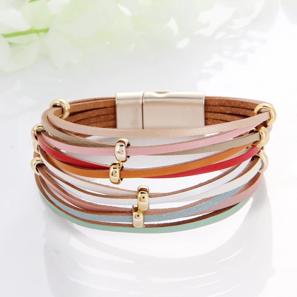 WYBU Multilayer Leather Bracelet For Women Magnet Clasp Charm Braided Wide Wrap Bracelets Bangles Female Bohemian Style Jewelry
