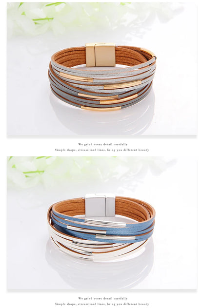 WYBU Multilayer Leather Bracelet For Women Magnet Clasp Charm Braided Wide Wrap Bracelets Bangles Female Bohemian Style Jewelry